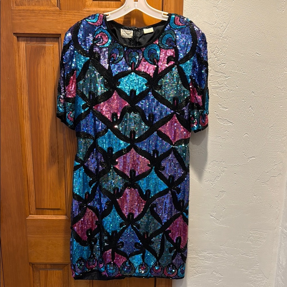Vintage 90’s Oleg Cassini Multicolor Sequin Mini Dress